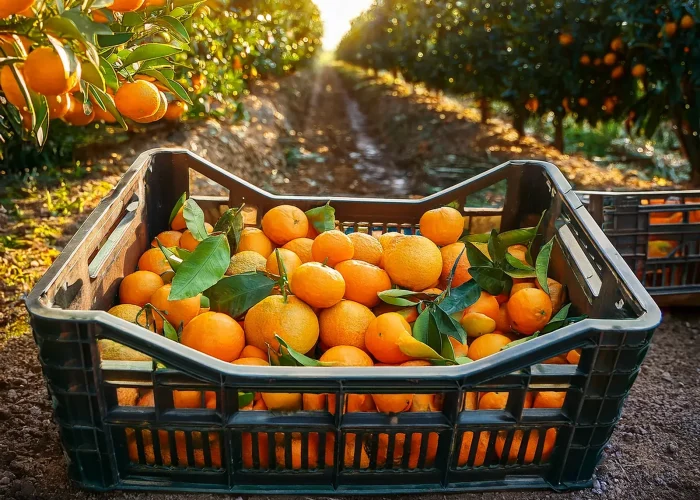 Cassette di clementine e arance appena raccolte nell'agrumeto